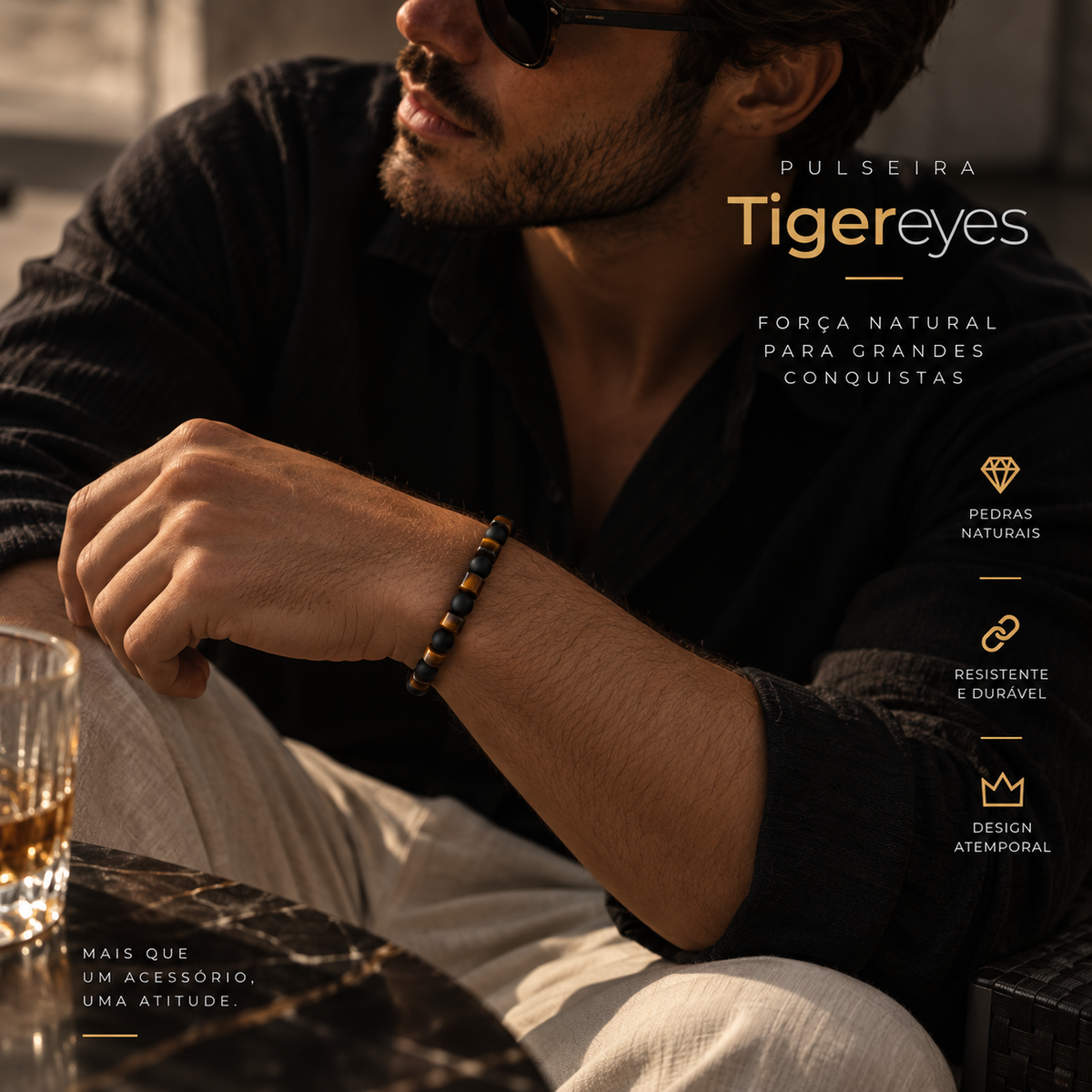 Pulseira masculina com pedra natural olho de tigre, modelo imperador.