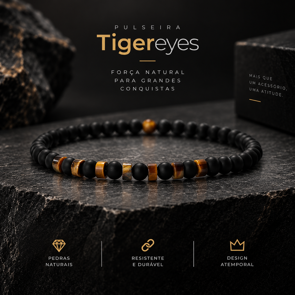 Pulseira masculina com pedra natural olho de tigre, modelo imperador.