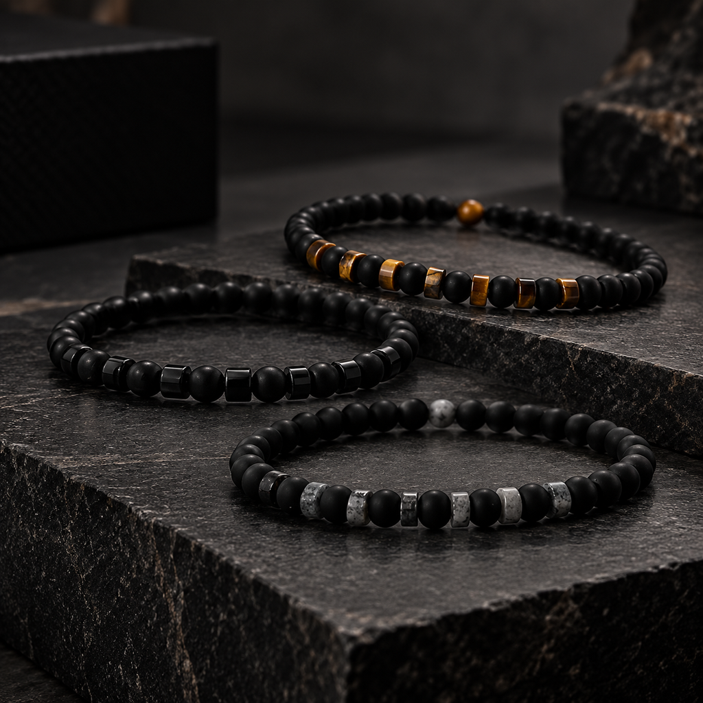 Pulseira masculina com pedra natural olho de tigre, modelo imperador.
