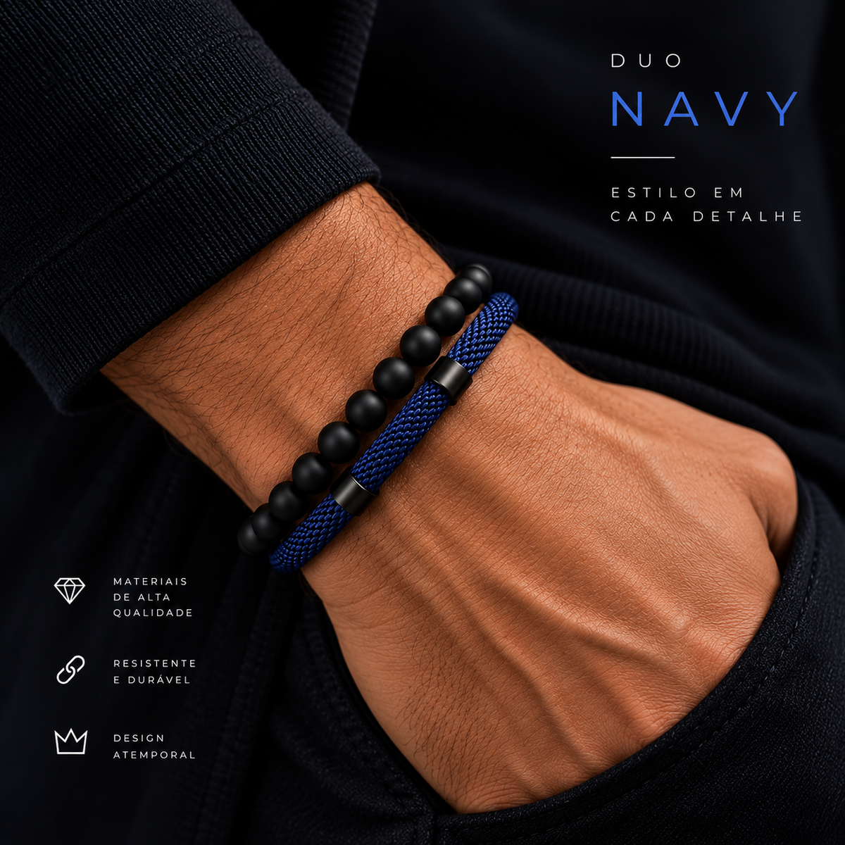 Conjunto de 2 pulseiras masculinas, com fecho deslizante ajustável e cordão.