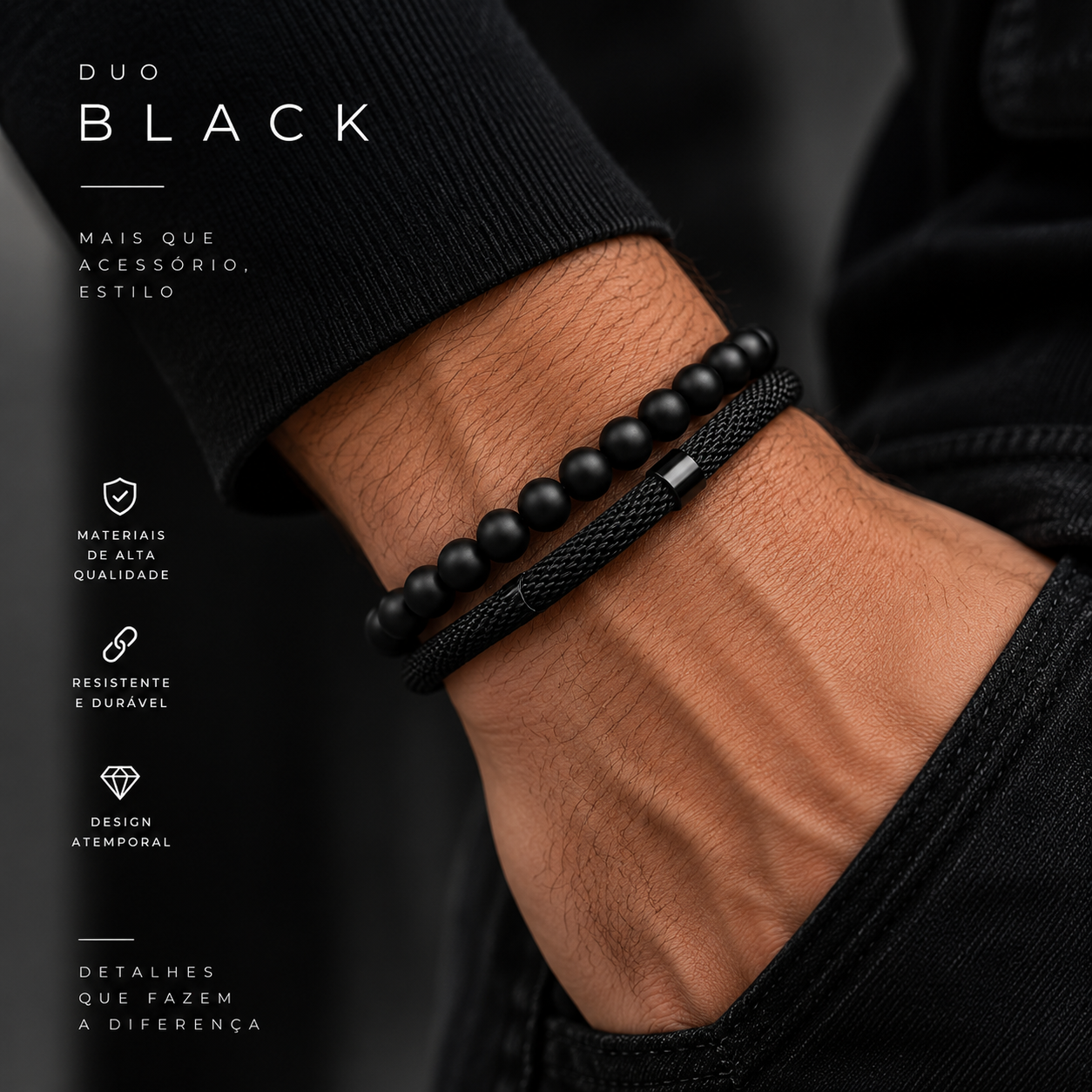 Conjunto de 2 pulseiras masculinas, com fecho deslizante ajustável e cordão.