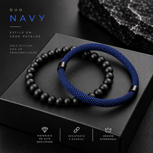 Conjunto de 2 pulseiras masculinas, com fecho deslizante ajustável e cordão.