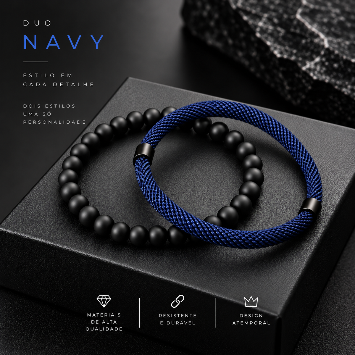 Conjunto de 2 pulseiras masculinas, com fecho deslizante ajustável e cordão.