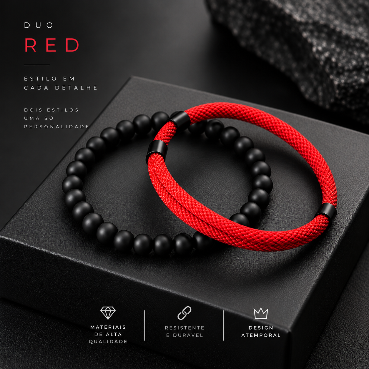 Conjunto de 2 pulseiras masculinas, com fecho deslizante ajustável e cordão.