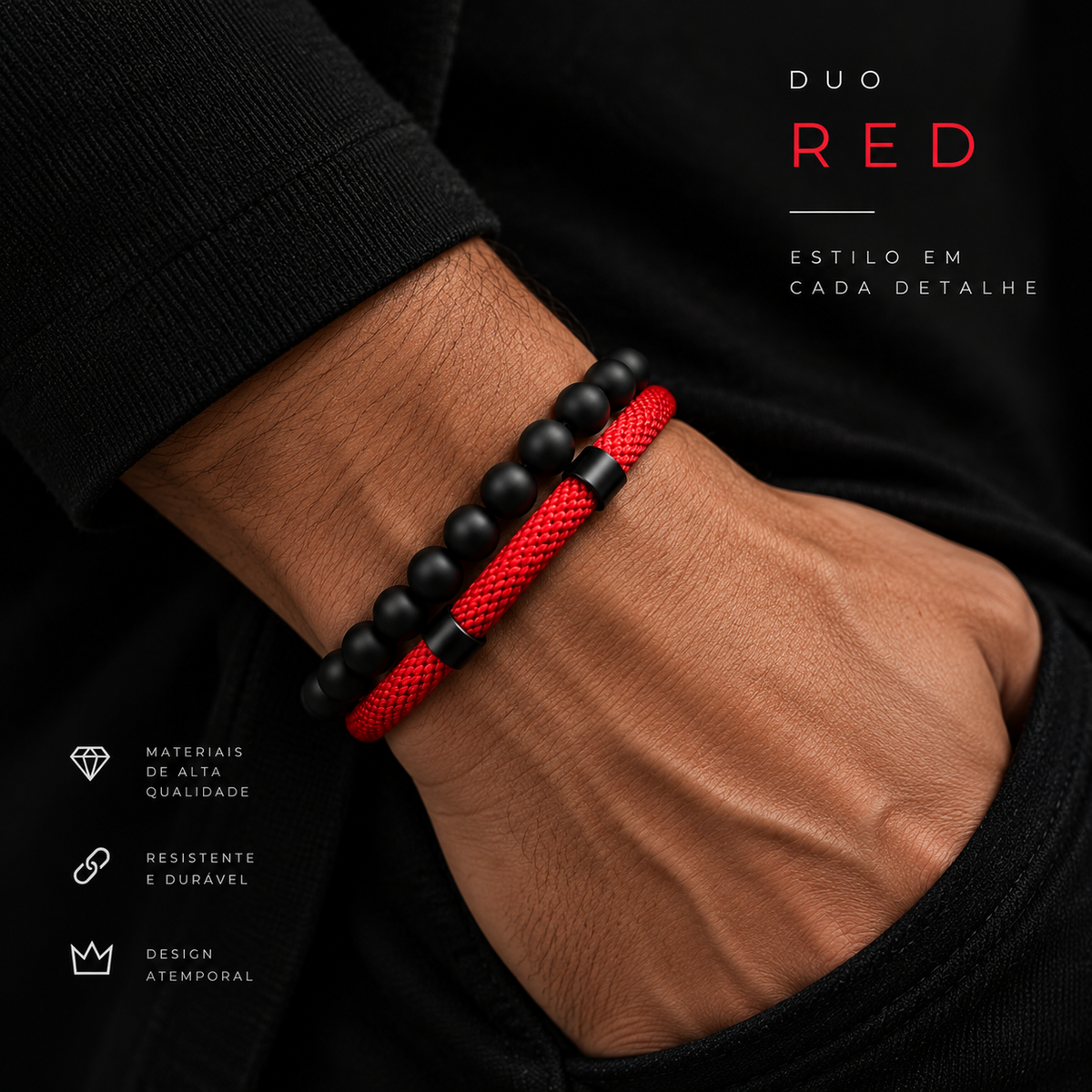 Conjunto de 2 pulseiras masculinas, com fecho deslizante ajustável e cordão.